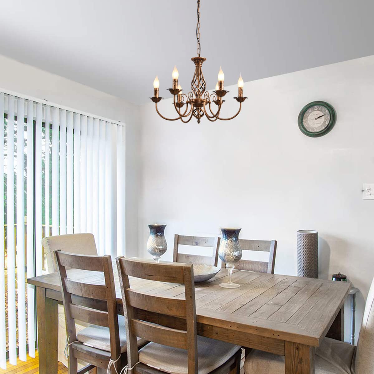 French Country Chandelier, Rustic 6 Light Bronze French Country Pendant Light Fixture, Vintage Metal Chandelier for Dining Room Kitchen Living Room Bedroom Hallway, E14 Base