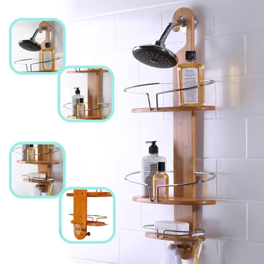 Bathroom Bamboo Shower Caddy Stainless Steel with Hang Hook Shower Organiser