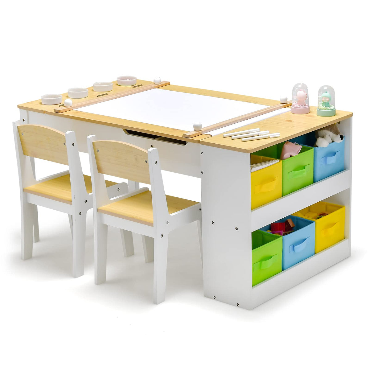 Kids Table and Chairs Set, 2 in 1 Wooden Art Table & Easel Set for Children with 2 Chairs, 6 Storage Bins, Paper Roller, Paint Box, Toddler Table Chairs Set for Playing Painting Learning