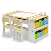 Kids Table and Chairs Set, 2 in 1 Wooden Art Table & Easel Set for Children with 2 Chairs, 6 Storage Bins, Paper Roller, Paint Box, Toddler Table Chairs Set for Playing Painting Learning
