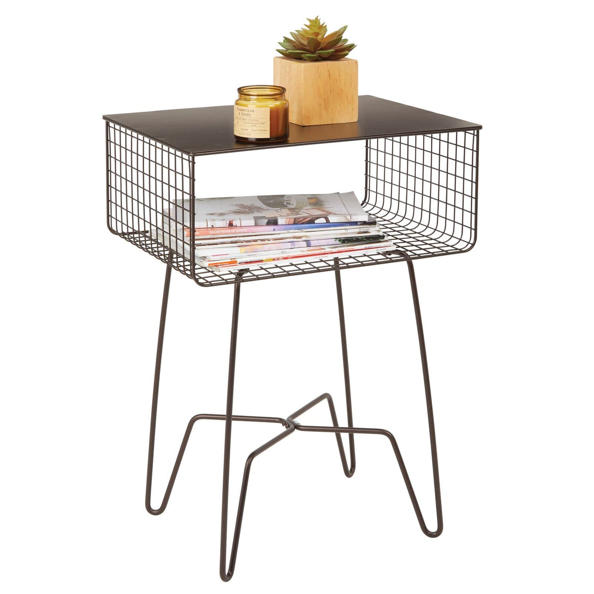 Bronze Steel Side Table with Storage Basket