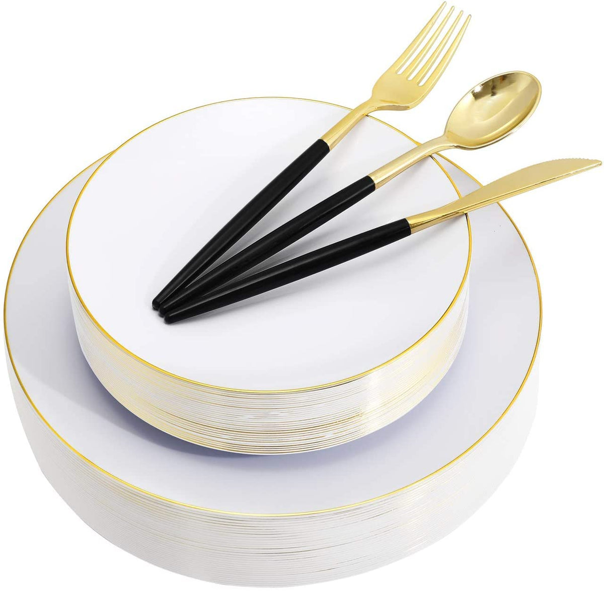 150pcs Gold Dinner Plates,Gold Silverware with Black Handle,White Plates with Gold Rim,Gold Party Plates,Gold and Black Cutlery,Suit for Wedding,Birthday,Party