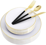 150pcs Gold Dinner Plates,Gold Silverware with Black Handle,White Plates with Gold Rim,Gold Party Plates,Gold and Black Cutlery,Suit for Wedding,Birthday,Party