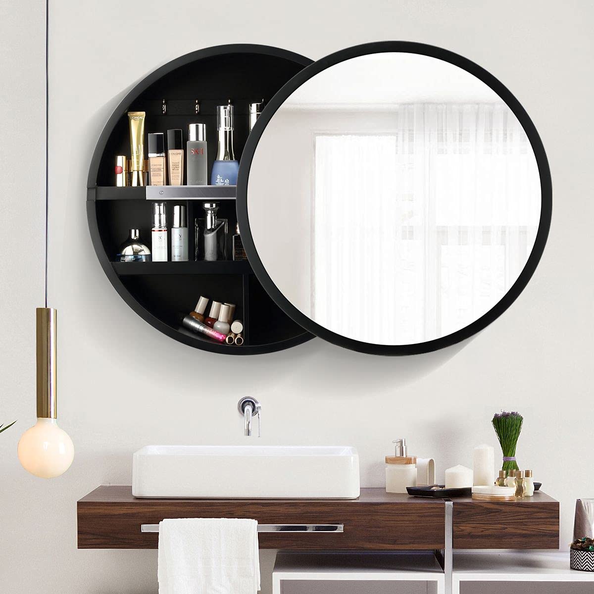Luxsuite Mirror Bathroom Cabinet Round Medicine Vanity Round Wall Mirrored Cupboard with Storage Sliding Door Black 60cm Diameter