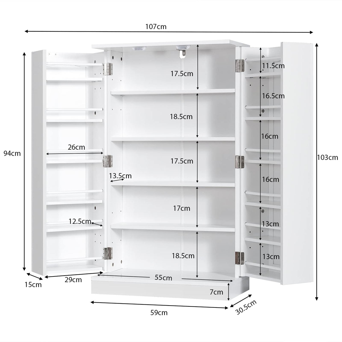 103 cm White 2-Door Pantry Cabinet with 6 Adjustable Shelves