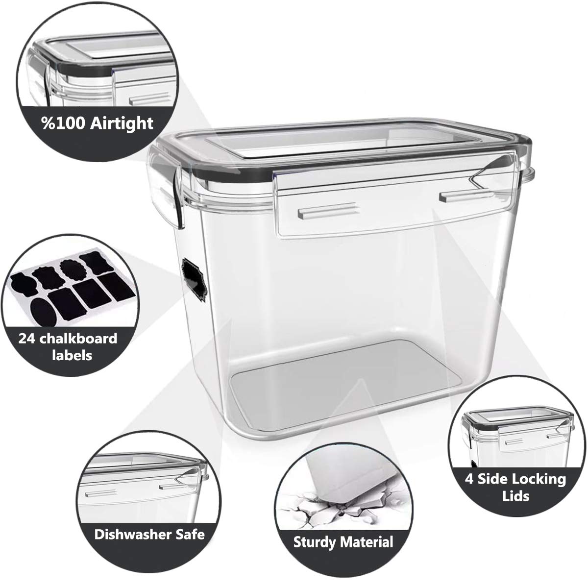 Large Food Storage Containers 8 Pieces - YORUKAU BPA Free Pantry & Kitchen Organization Containers with Black Airtight Lids - Dishwasher Safe - Sugar, Flour, Cereal Container - Plastic Storage Bins
