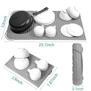 Silicone Mat Dish Drying Mat Silicon Draining Mat Folding Dish Drying Mat Tri-fold Drying Mat Grey Anti-Skidding for Kitchen 24”x13”