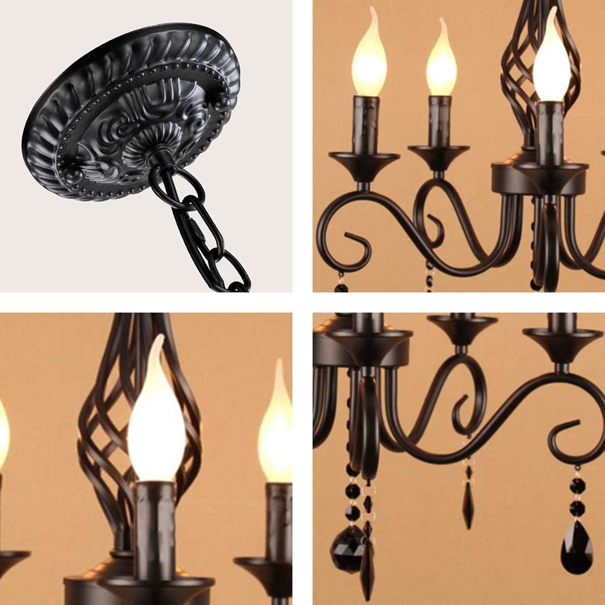 French Country Chandeliers, 5 Lights Black Crystal Candle Chandelier, Industrial Vintage Pendant Light Fixture Hanging Light for Island Kitchen Dining Room Farmhouse