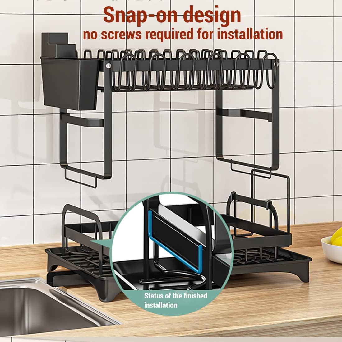 42 cm Black 2-Tier Dish Rack with 360° Drain Spout