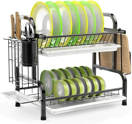 Dish Drying Rack, Haundry Stainless Steel 2-Tier Dish Rack with Utensil Holder, Cutting Board Holder and Dish Drainer for Kitchen Counter, Silver/ black