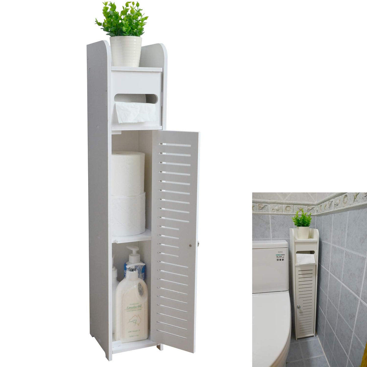 Toilet Roll Holder, Toilet Paper Roll Holder with Slim Shelf, Over Toilet Storage for Toilet Paper Bulk, Narrow Shelf for Bathroom Accessories ,Bathroom Storage for Toilet Tissue, White by AOJEZOR