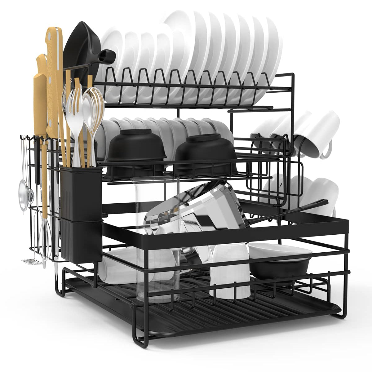 Dish Drainer Rack 3 Tier，Large Capacity Drain Board Rack with Drip Tra ...