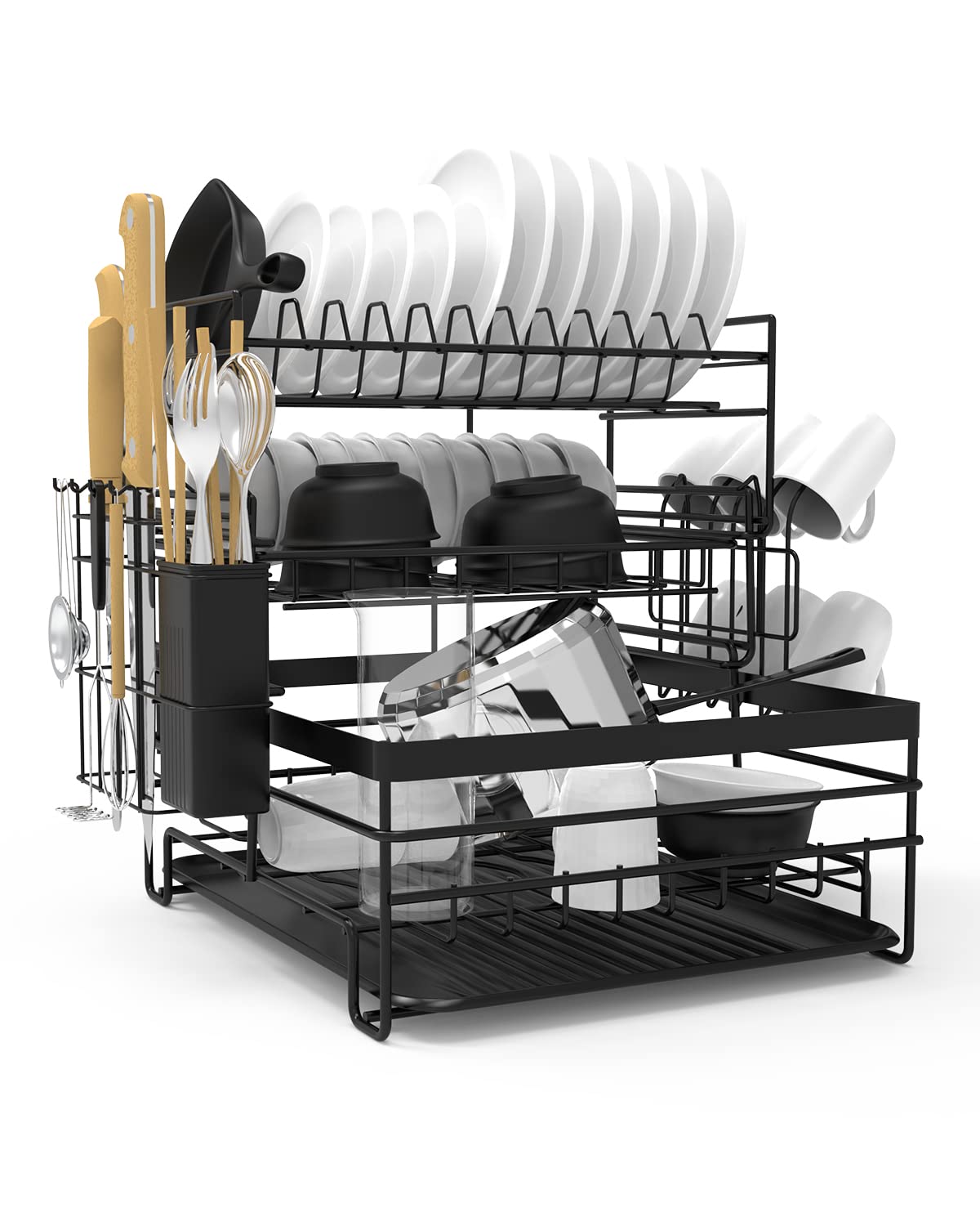 3-Tier Black Dish Rack with Removable Drip Tray & Holders