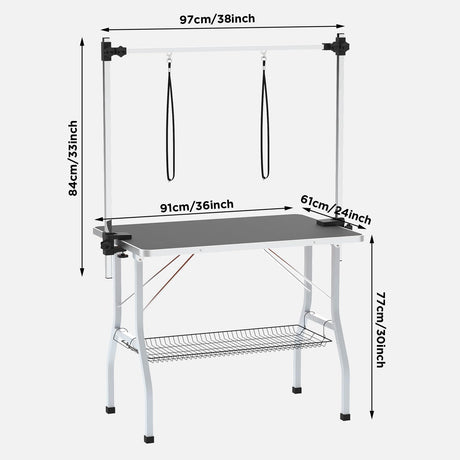 Pet Dog Grooming Table, Folding Height Adjustable Arm Table 91cm Double Pole Anti Slip Rubber W/Basket