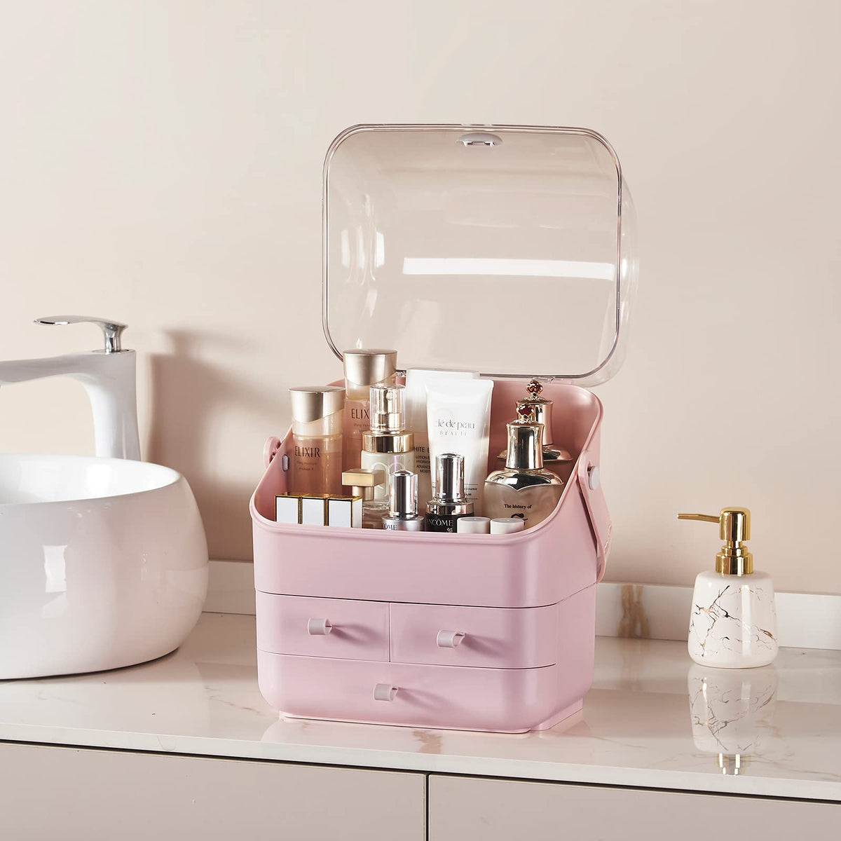 Covered Pink Makeup Organiser with 3 Drawers & Handle