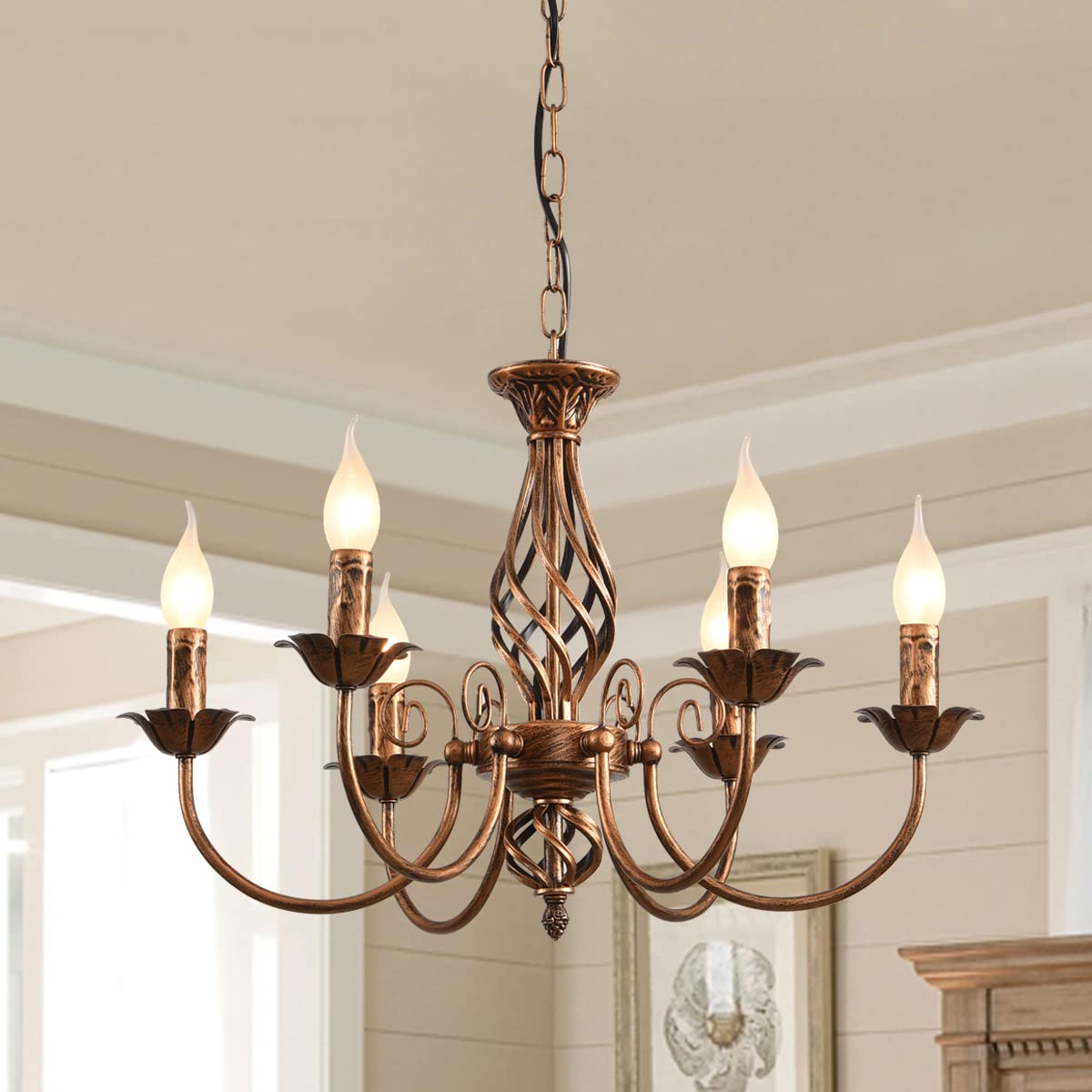 French Country Chandelier, Rustic 6 Light Bronze French Country Pendant Light Fixture, Vintage Metal Chandelier for Dining Room Kitchen Living Room Bedroom Hallway, E14 Base