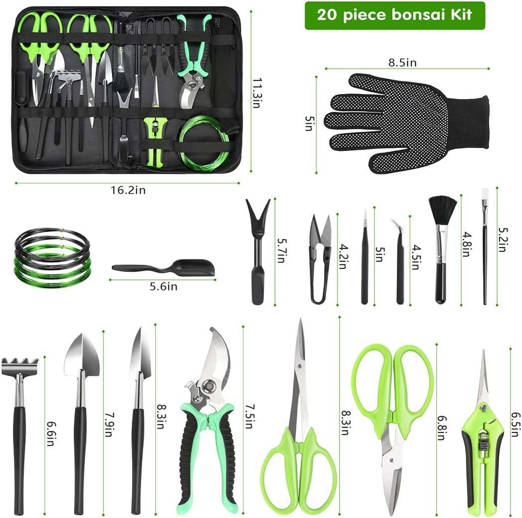 Bonsai Tools Kit, 21 Pcs Gardening Trimming Tools Set Include Pruning Shears, Scissors, Mini Rake, Round and Pointed Shovel &Bonsai Wire, Zip Storage PU Leather Bag,Gardening Gifts for Women,Men