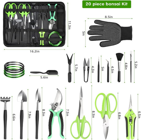 Bonsai Tools Kit, 21 Pcs Gardening Trimming Tools Set Include Pruning Shears, Scissors, Mini Rake, Round and Pointed Shovel &Bonsai Wire, Zip Storage PU Leather Bag,Gardening Gifts for Women,Men