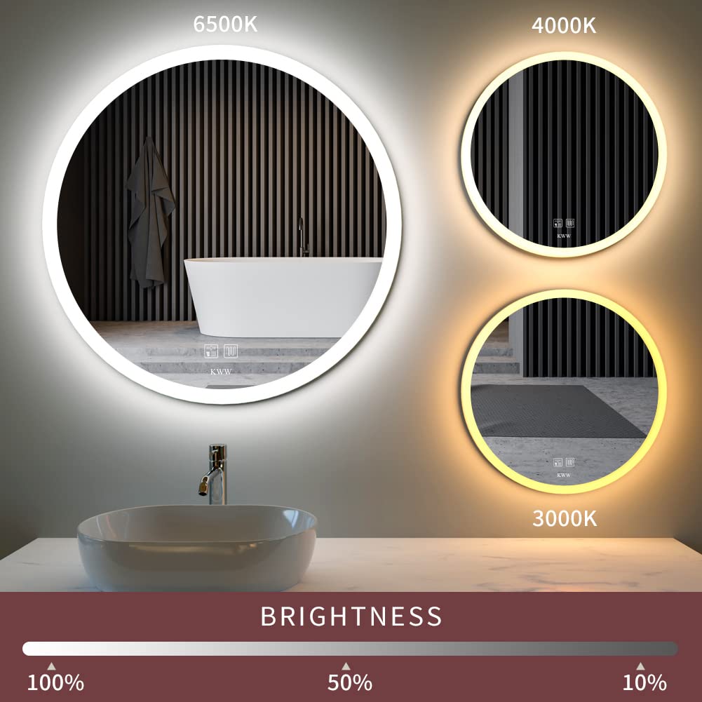 28 Inch Acoustic Control LED Bathroom Mirror, Easy to Install Round Vanity Mirror, Color Temperature Adjustable, Anti-Fog Dimmable Lights, Wall Mounted Mirror with Smart Touch Button