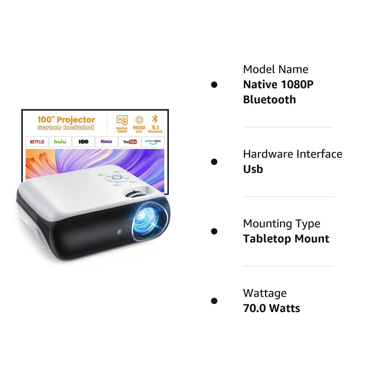 Projector, Native 1080P Bluetooth Projector with 100''Screen, 9500L Portable Outdoor Movie Projector Compatible with Smartphone, HDMI,USB,AV,Fire Stick, PS5