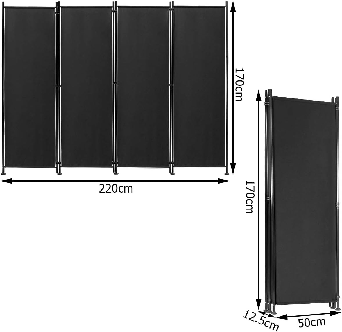 4-Panel Black Polyester Privacy Divider with Steel Frame