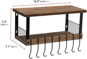 Rustic Torched Wood Kitchen Storage Shelf Wall Mount Organizer Stand with 8 Hanging Removable Hooks and 2 Shelves