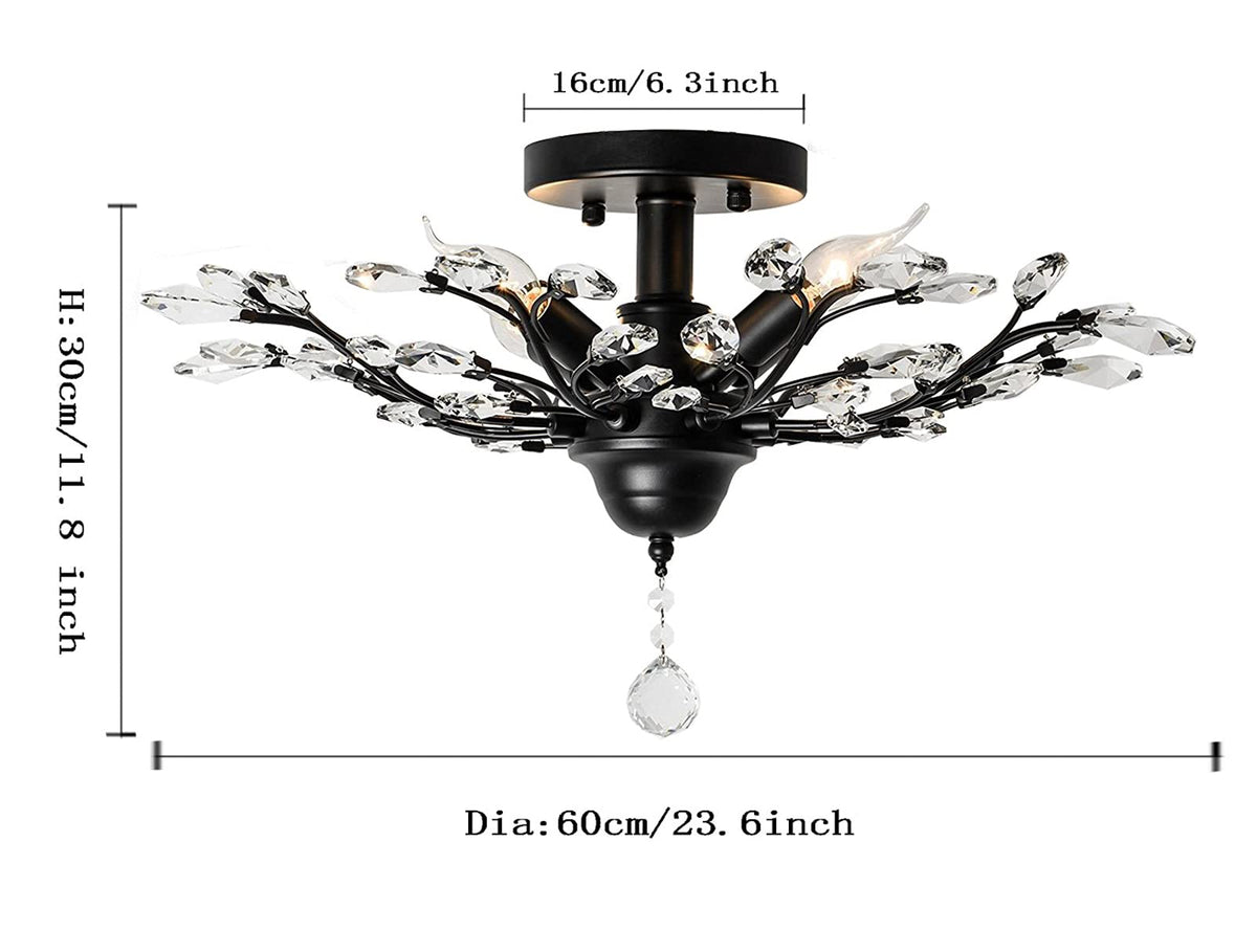 Ganeed Crystal Chandeliers,Vintage K9 Clear LED Ceiling Lighting,Edison Pendant Light Flush Mounted Fixture with 4 Light for Living Room Dinning Room Restaurant Porch Hallway (Black)