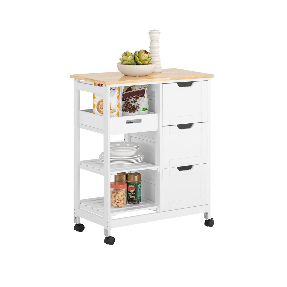 White Kitchen Serving Cart with 3 Drawers & Removable Tray