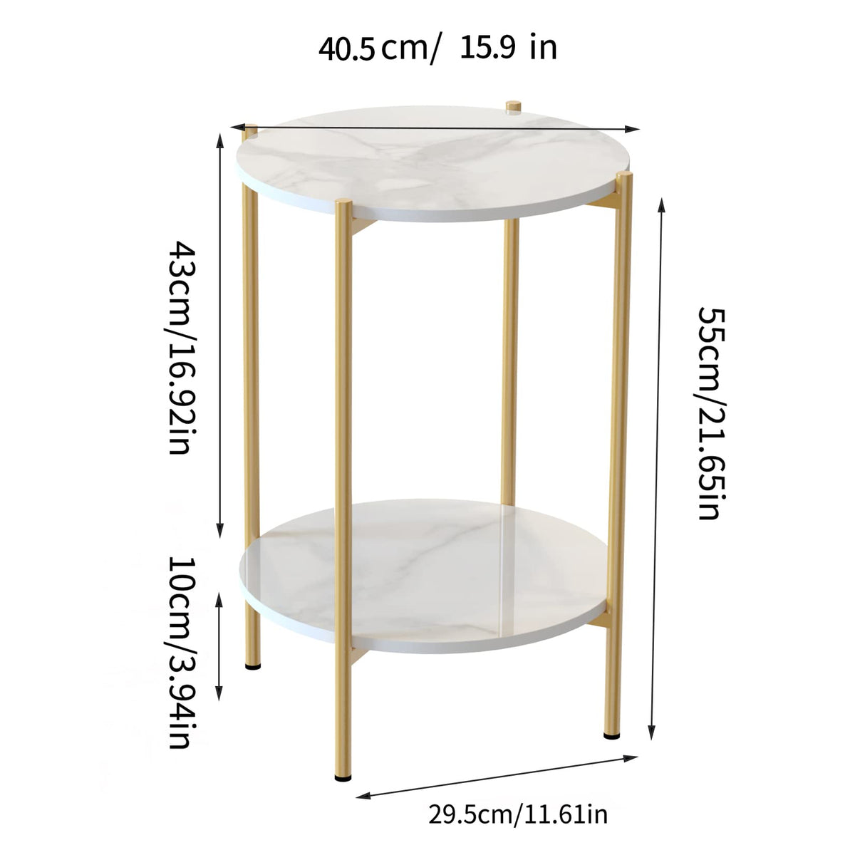 2-Tier Sintered-Stone Side Table – White & Gold