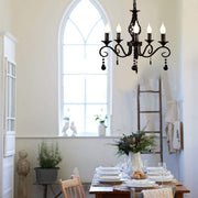 French Country Chandeliers, 5 Lights Black Crystal Candle Chandelier, Industrial Vintage Pendant Light Fixture Hanging Light for Island Kitchen Dining Room Farmhouse