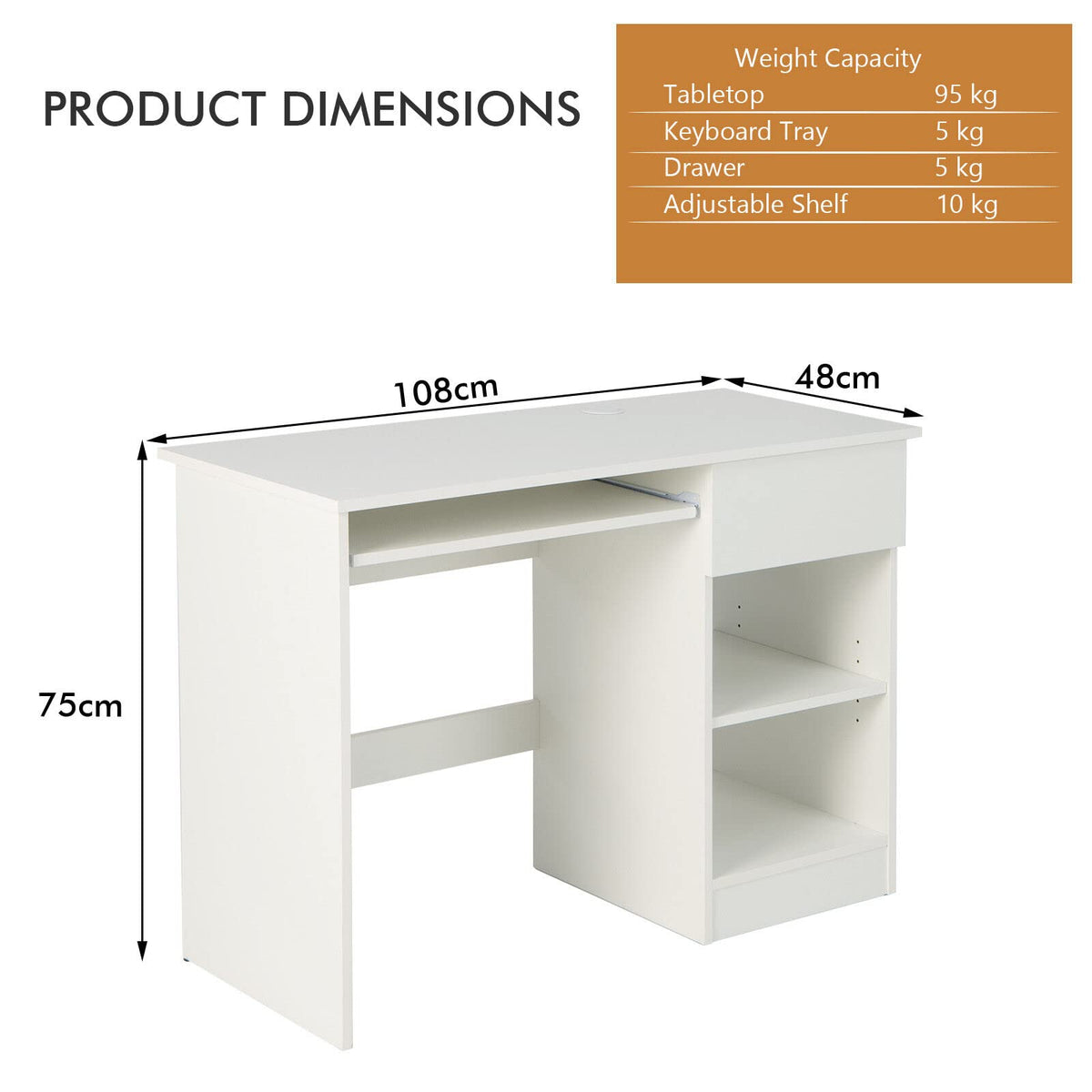 Computer Desk with Drawer, Keyboard Tray & Shelves
