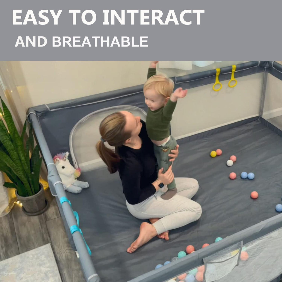 Baby Playpen, 200cm Extra-large Playpens Play Yard with 50 Balls Pit, 4x handlers, Baby Play Gates with Basket Net, Playards Fence for Toddler Babies with Breathable Mesh (200*160*66cm)