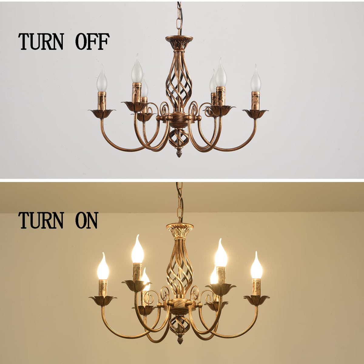 French Country Chandelier, Rustic 6 Light Bronze French Country Pendant Light Fixture, Vintage Metal Chandelier for Dining Room Kitchen Living Room Bedroom Hallway, E14 Base