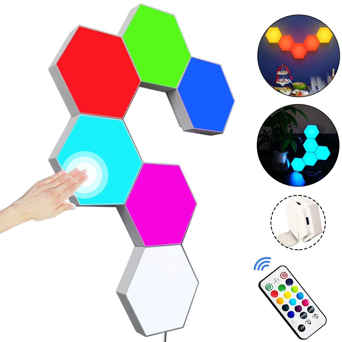 Hexagon Wall Light with Remote Control, Smart Modular Touch-Sensitive LED Light Wall Panels RGB Night Light DIY Geometry Splicing Hex Light for Bedroom Living Room Hallway Party Decor,6 Pack
