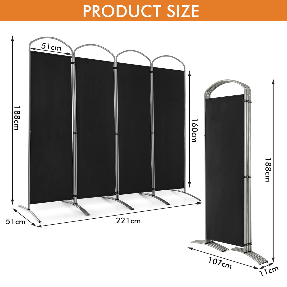 221 × 188 cm 4-Panel Black Fabric Room Divider