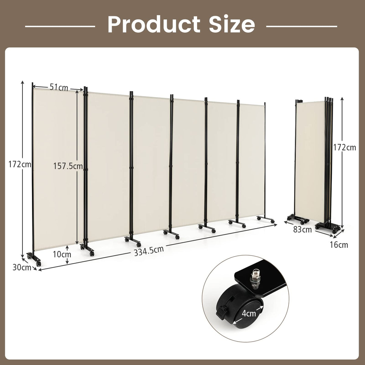 334.5 × 172 cm 6-Panel Rolling Room Divider – 4 Colours