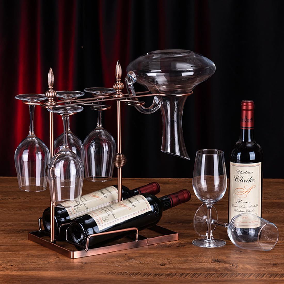 Wine Glass Holder Stand Wine Organiser Rack can Holds Up to 1 Decanter, 2 Bottles and 6 Glasses for Home Bar Furniture,Bronze