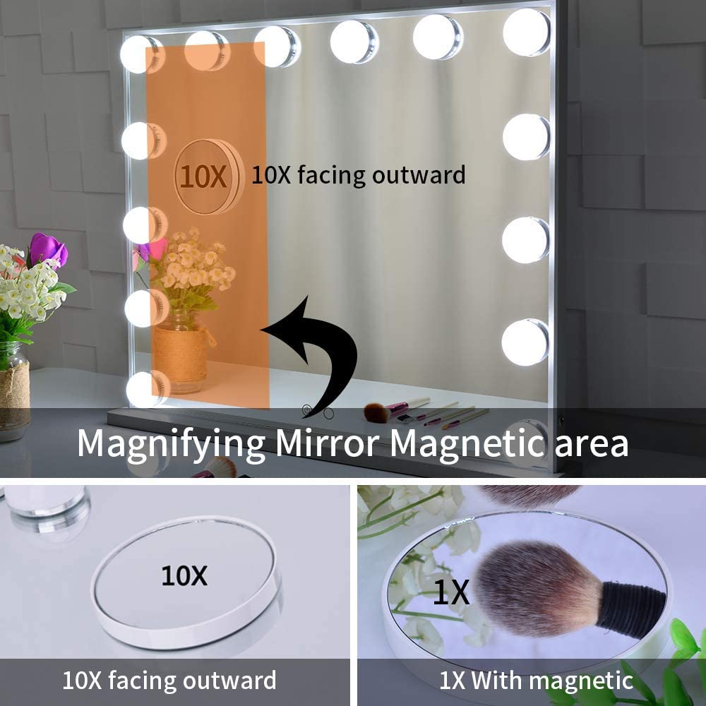 Hollywood Mirror, Large Lighted Vanity Makeup Mirror with Lights, 14pcs Led Bulbs Table top or Wall Mounted Dressing Table Beauty Mirror with A Magnetic 10x Magnifying Mirror (Silver)