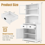 Tall Storage Cabinet, Freestanding Kitchen Pantry w/Microwave Stand & 2 Drawers, Adjustable Shelves, Tempered Glass Doors, Cable Hole for Living Room, Dining Room (White)