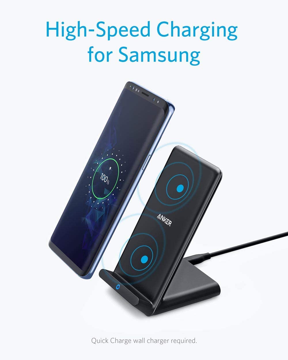 Anker Fast Wireless Charger, 10W Wireless Charging Stand, Qi-Certified, Compatible iPhone XR/Xs Max/XS/X/8/8 Plus, Fast-Charging Galaxy S9/S9+/S8/S8+/Note 9 and More, PowerWave Stand (No AC Adapter)