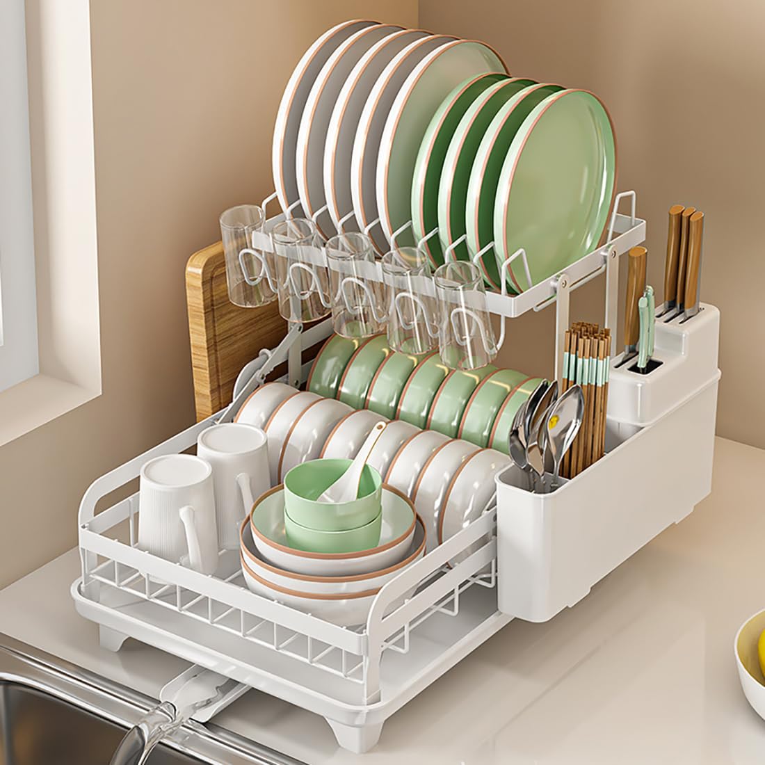 42 cm Collapsible 2-Tier Dish Rack with 180° Drain Spout