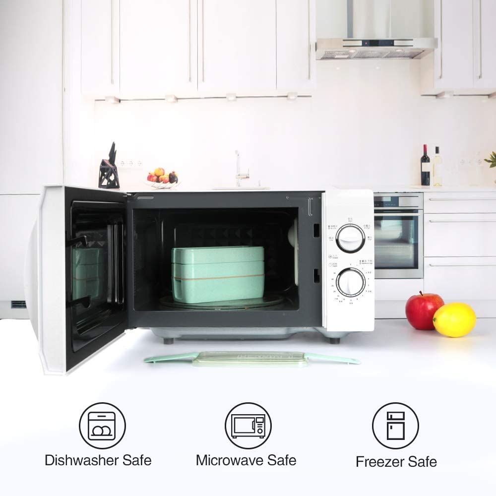 Bento Box Japanese Lunch Box, 3-In-1 Compartment, Wheat Straw, Leak-proof Eco-Friendly Bento Lunch Box Meal Prep Containers for Kids and Adults (Green)