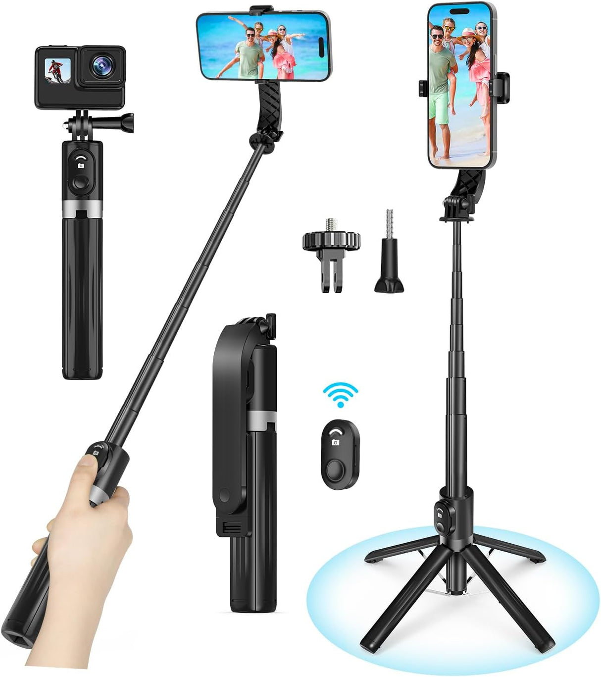 Selfie Stick Phone Tripod Stand, 55"/140cm Small Selfie Stick Tripod with Remote, for iPhone/GoPro/Android/Insta360, Phone Stand for Video Recording/Travel with Camera Connector Kit