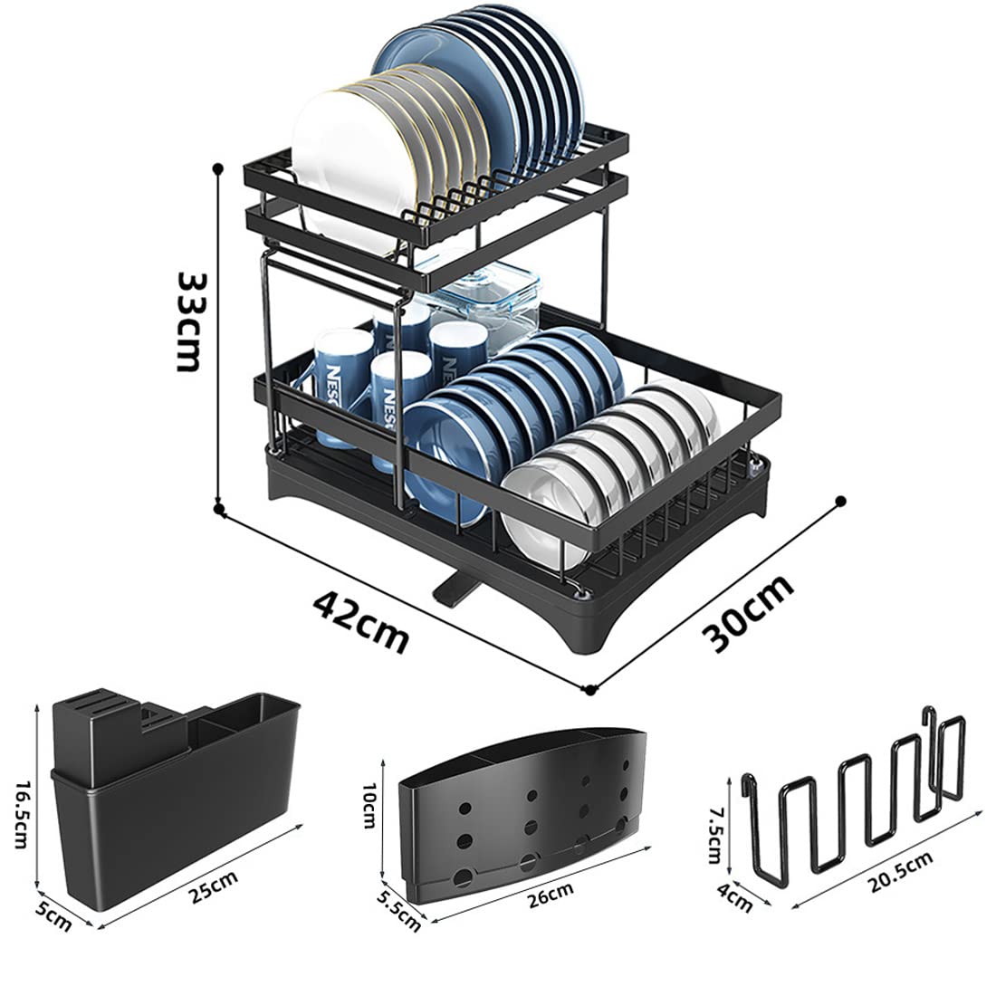 42 cm 2-Tier Dish Rack with 360° Extendable Drain Spout – 2 Colours