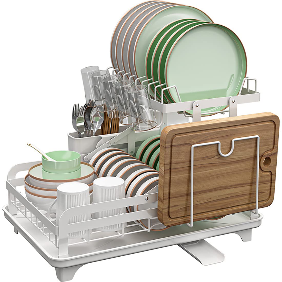 42 cm Collapsible 2-Tier Dish Rack with 180° Drain Spout