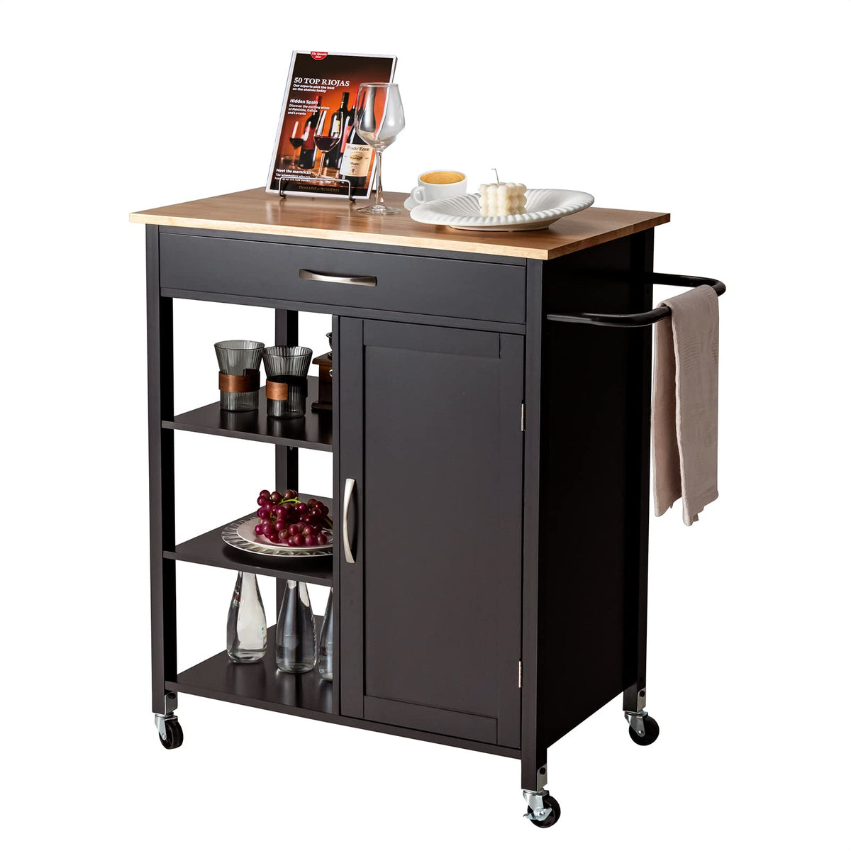 Rolling Kitchen Island with Rubberwood Top & Cabinet