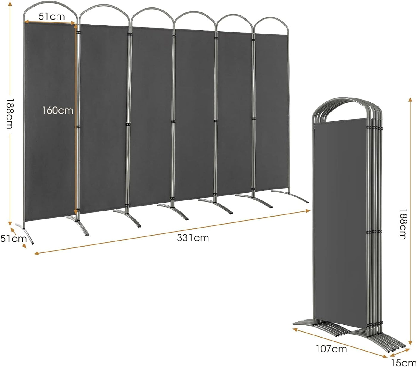 188cm Folding 6-Panel Room Divider – 4 Colours