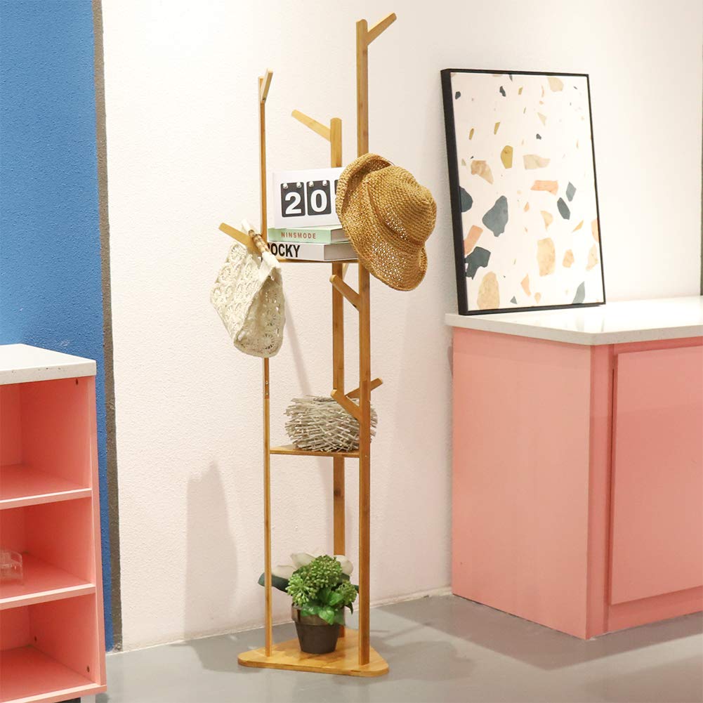 170 cm Bamboo Coat Tree with 9 Hooks & 3 Shelves