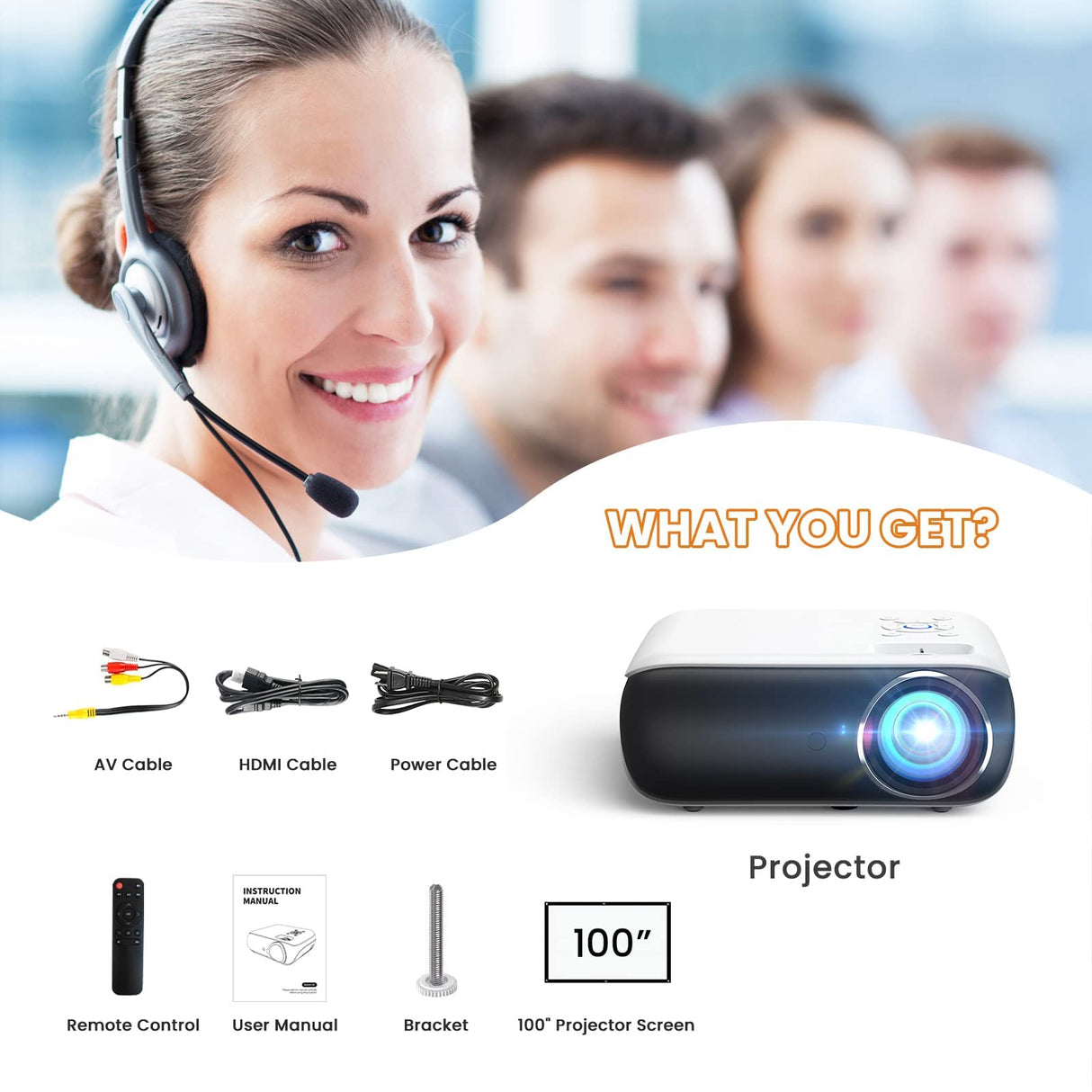 Projector, Native 1080P Bluetooth Projector with 100''Screen, 9500L Portable Outdoor Movie Projector Compatible with Smartphone, HDMI,USB,AV,Fire Stick, PS5