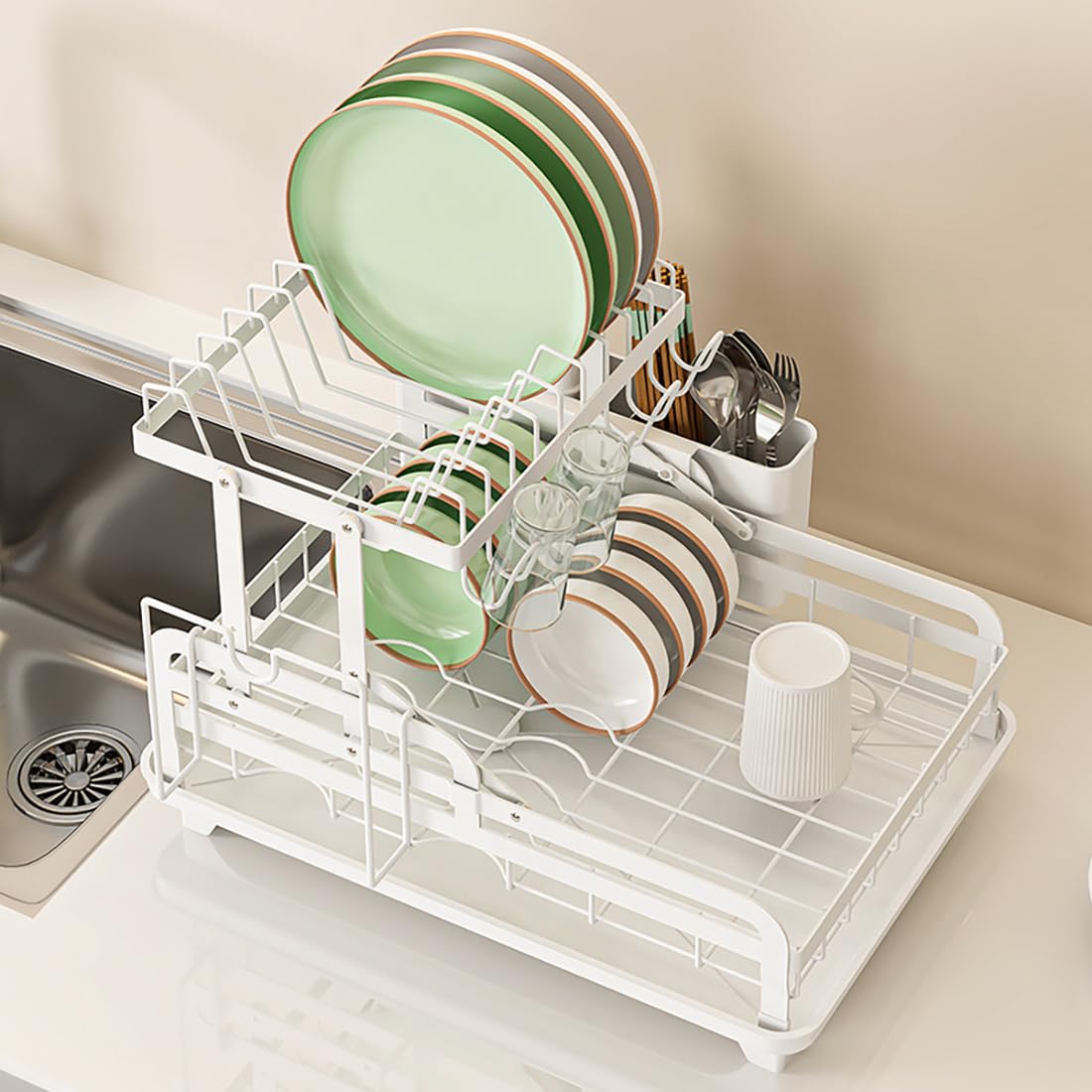 42 cm Collapsible 2-Tier Dish Rack with 180° Drain Spout